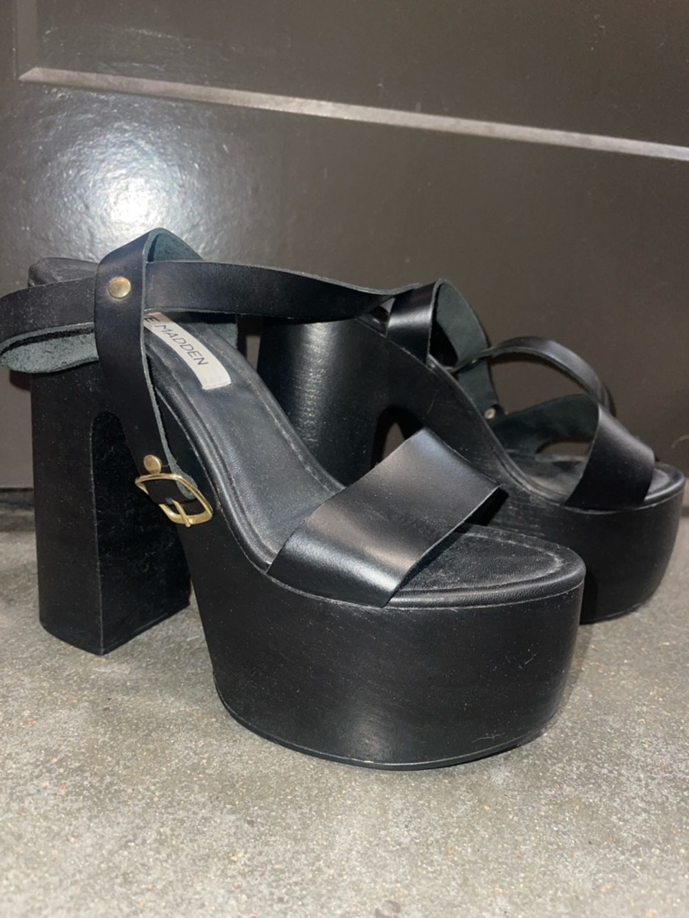 Steve Madden Black Platform Block Heel Sandals with Gold Buckle